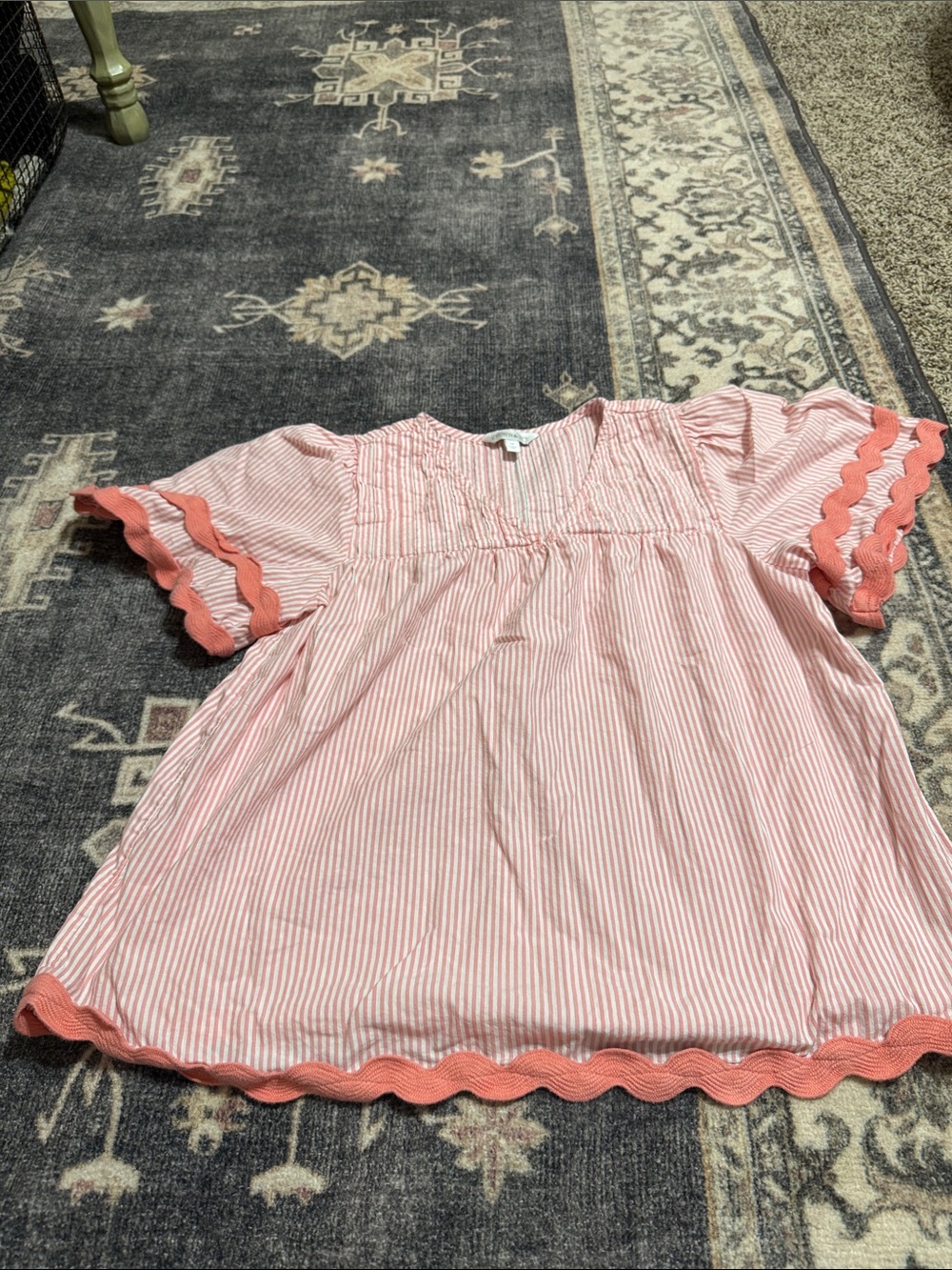 crown & ivy Pink and White Striped Top with Coral Scallop Trim